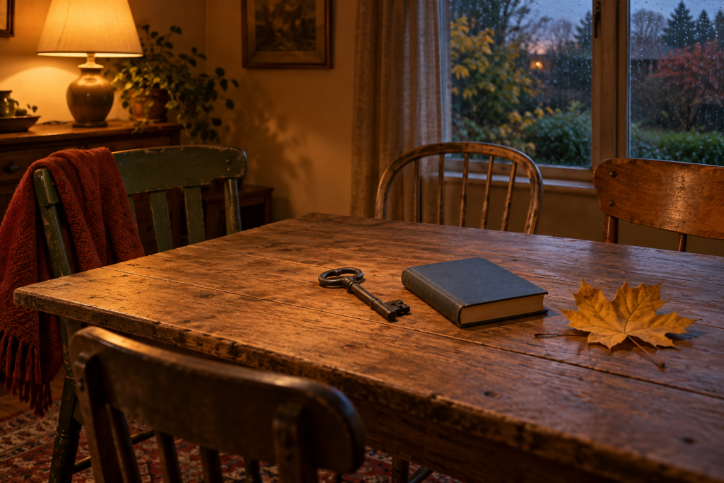 Une clé ancienne, un livre bleu fermé et une feuille dorée sur une table entourée de chaises, sous la lumière d'une lampe un soir d'automne.